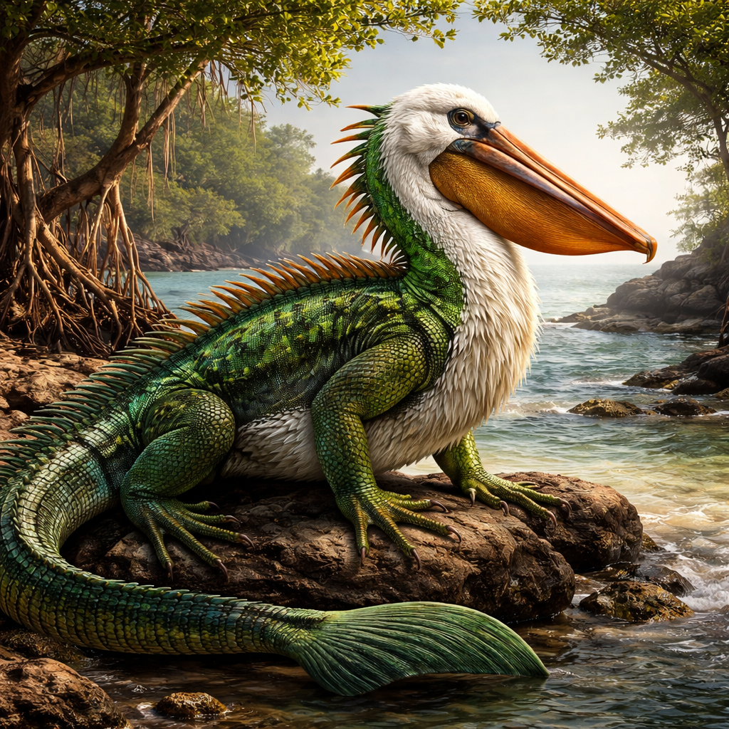 Iguapeli, hybrid of Iguana and Pelican