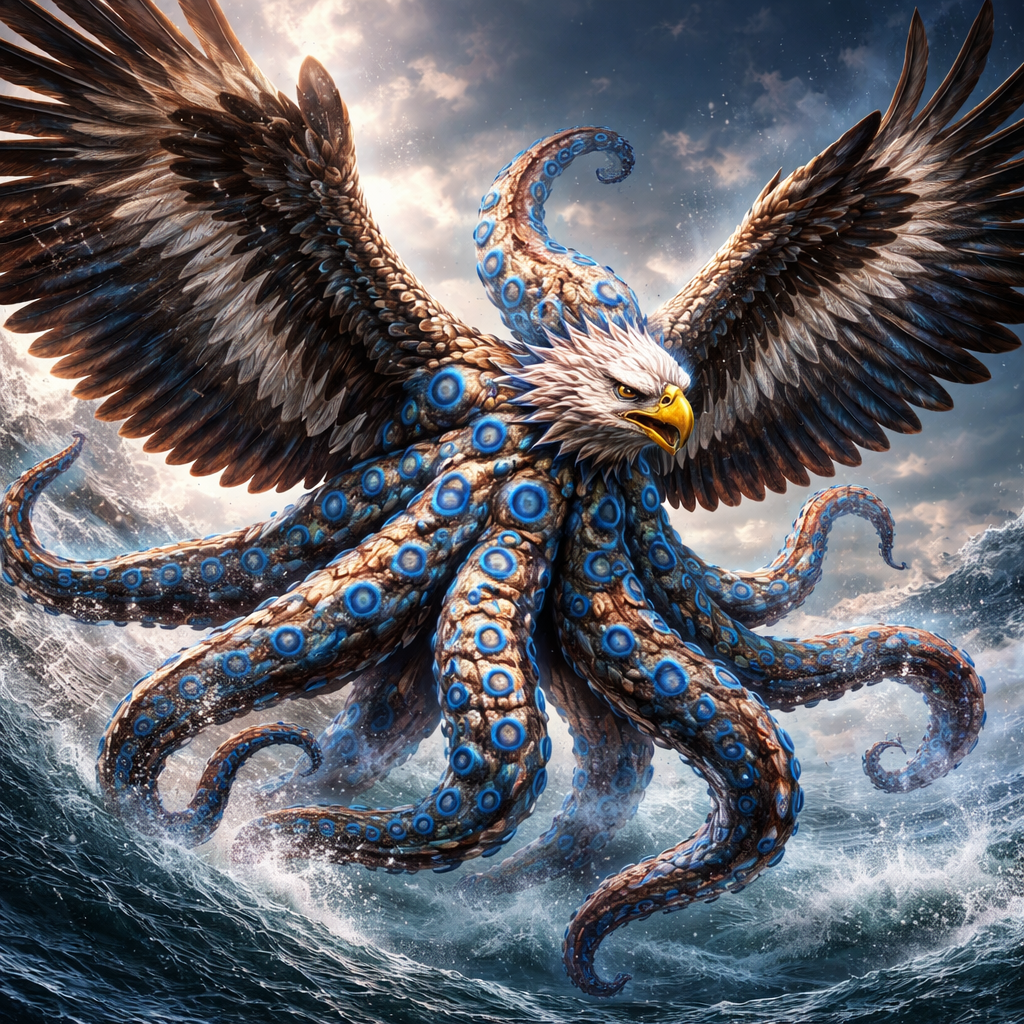 Aquilaoctopus, hybrid of blue ring octopus and Eagle
