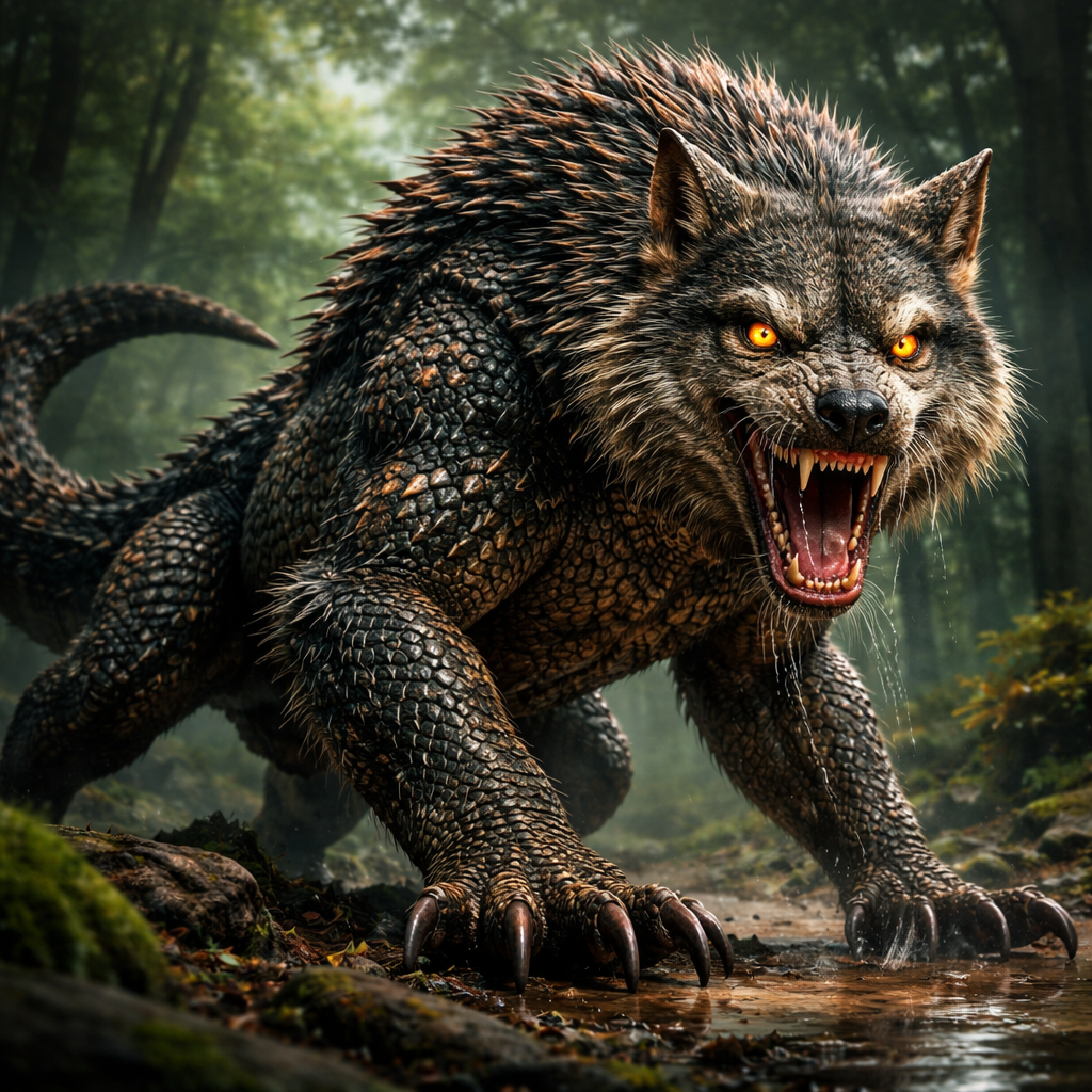Wolmodon, hybrid of Wolf and Komodo Dragon