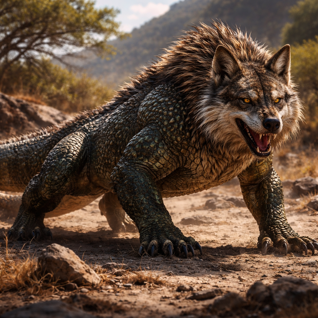 Komowolf, hybrid of Komodo Dragon and Wolf