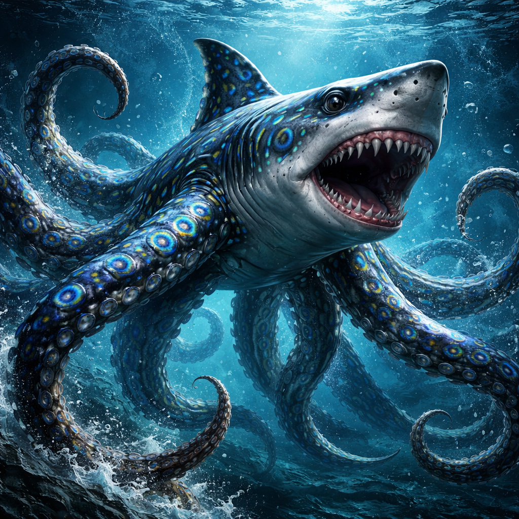 OctoShark, hybrid of blue ring octopus and great white shark