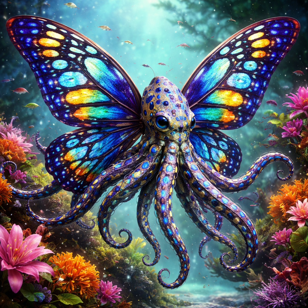 Octobutterfly, hybrid of blue ring octopus and Butterfly