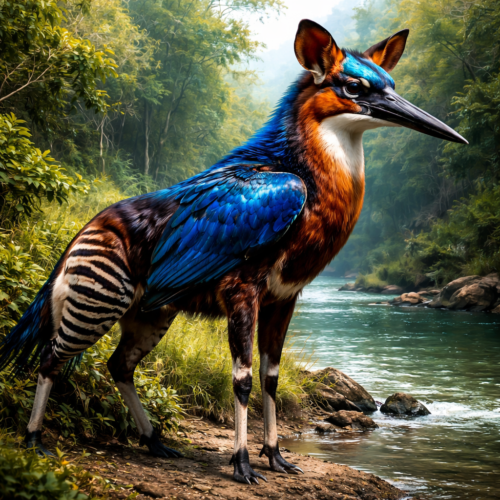 Okafisher, hybrid of Okapi and Kingfisher