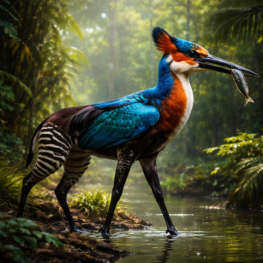 Okafisher, hybrid of Okapi and Kingfisher