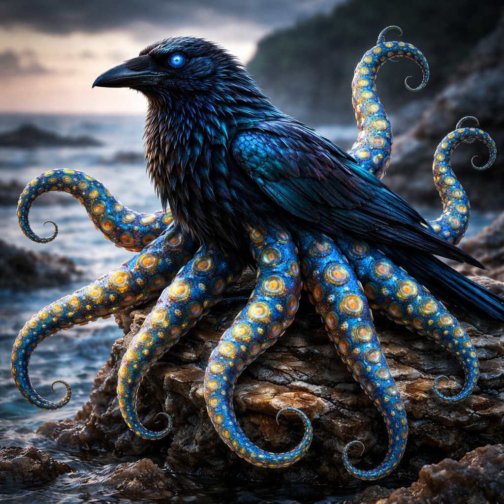 Coralocrow, hybrid of Crow and blue ring octopus
