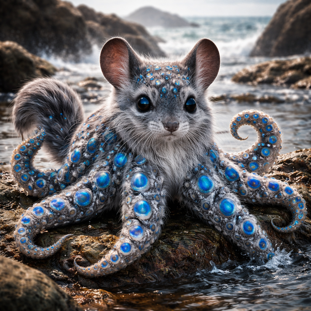 Chinchillopus, hybrid of blue ring octopus and Chinchilla