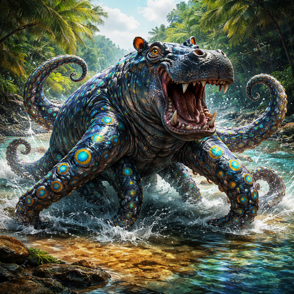 Hippoctopus, hybrid of Hippopotamus and blue ring octopus
