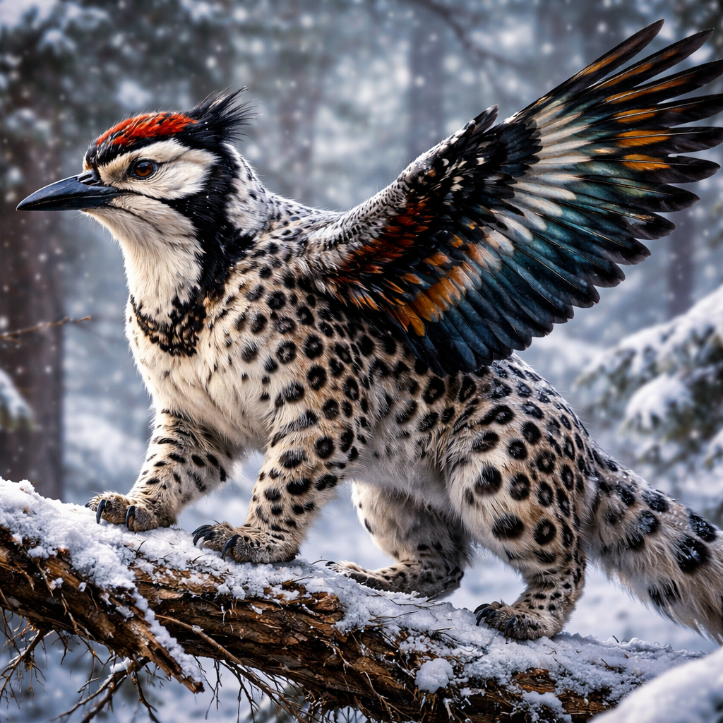 Snowpecker, hybrid of snow leopard and Woodpecker