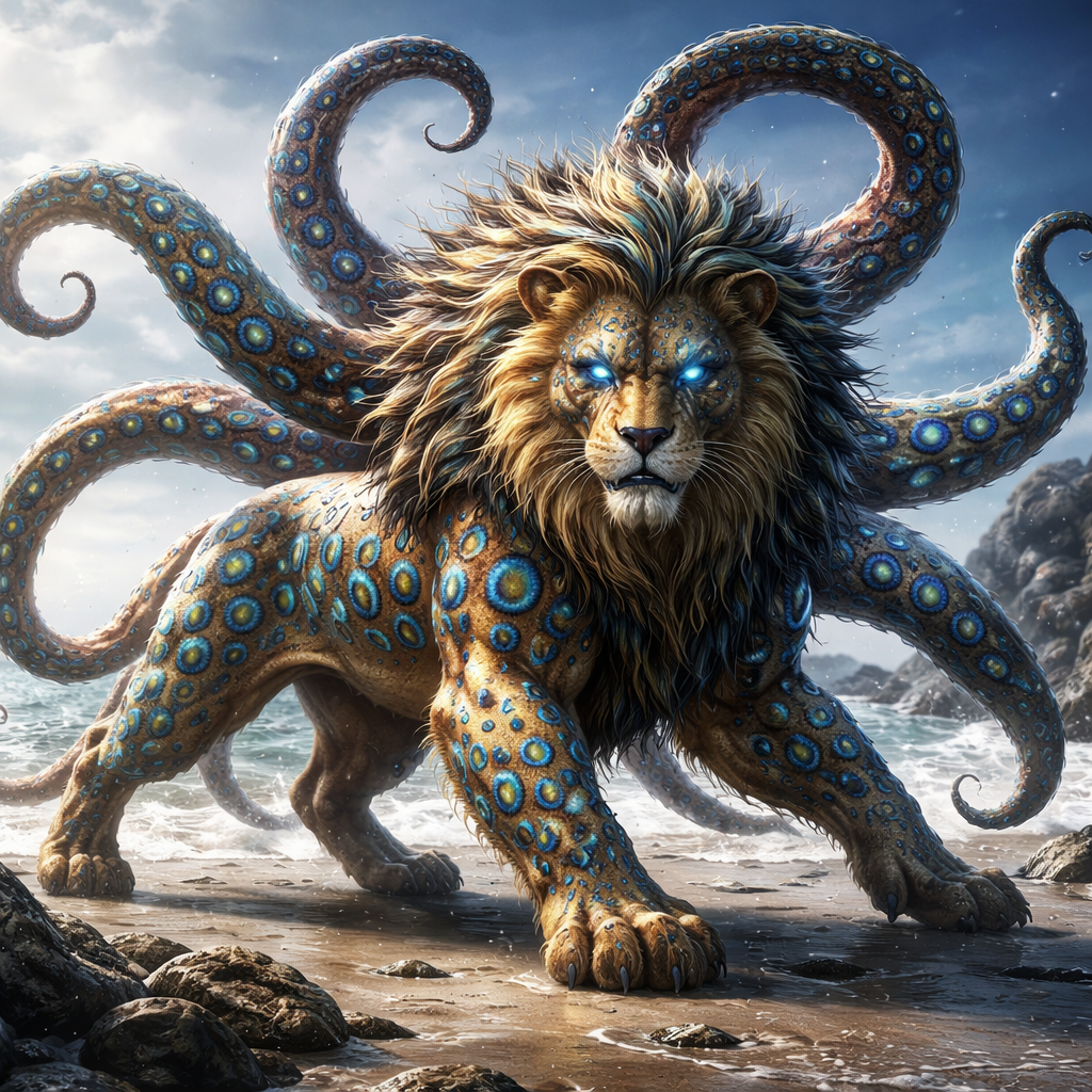 Octolion, hybrid of blue ring octopus and Lion