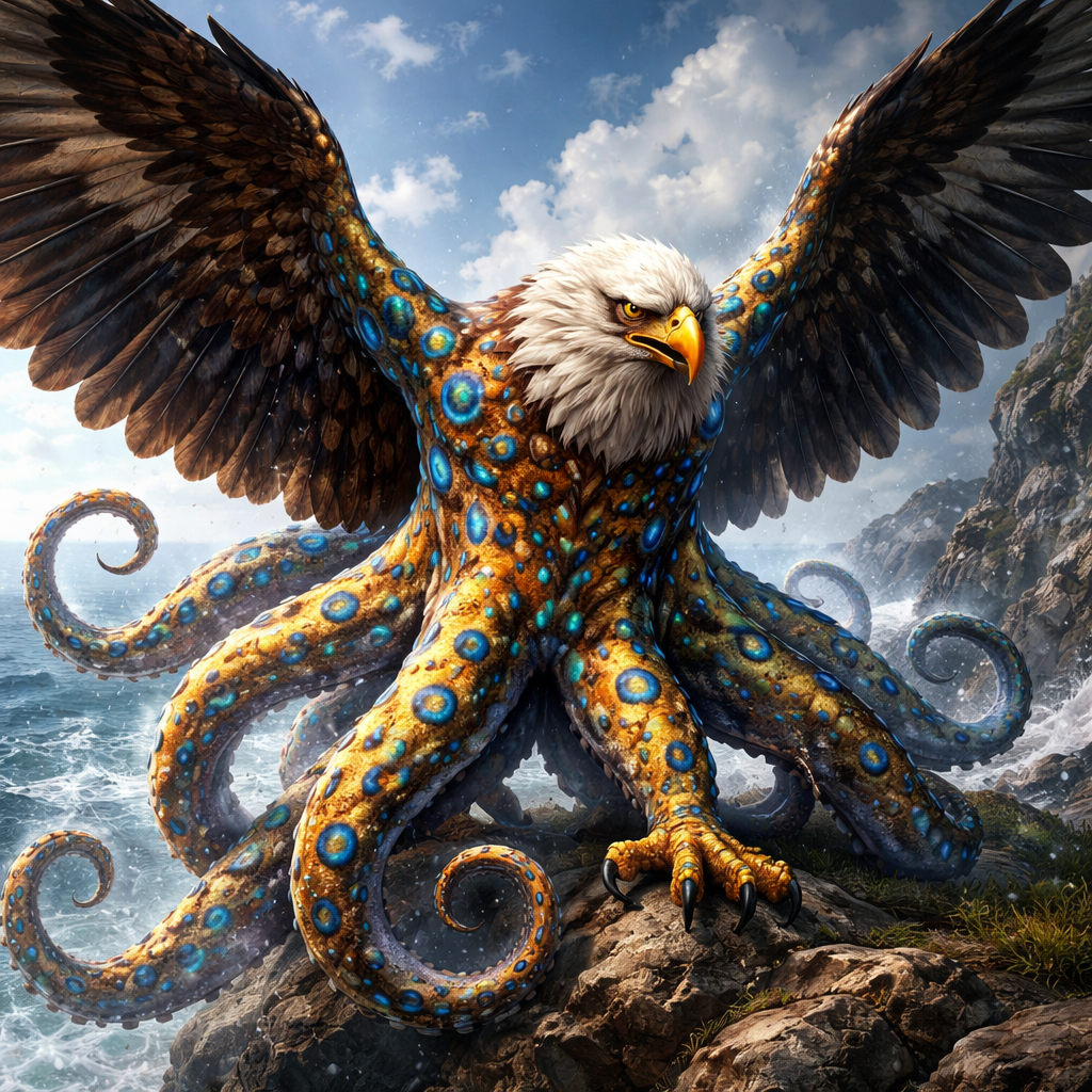 Aquilaocotopus, hybrid of blue ring octopus and Bald Eagle