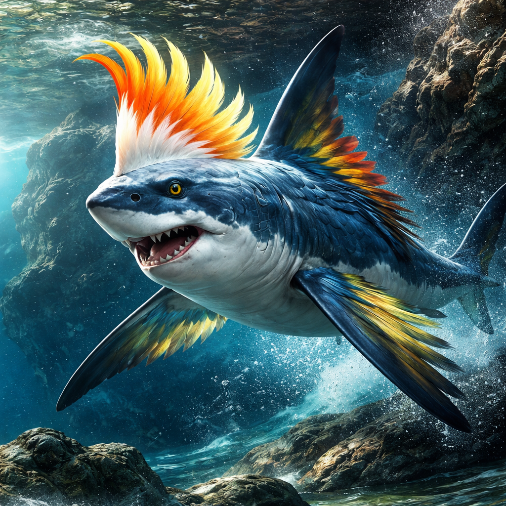 Carcharocockatoo, hybrid of great white shark and Cockatoo