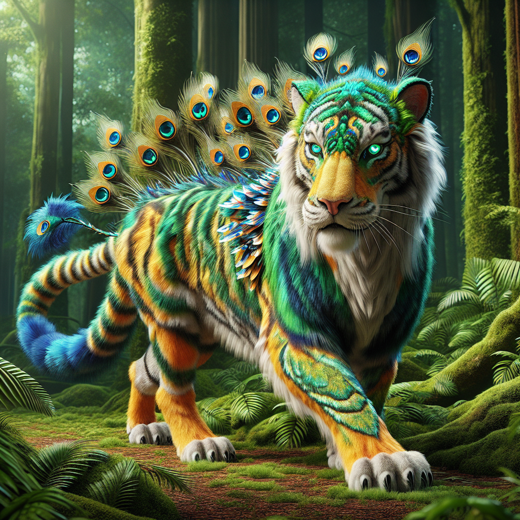 Peacatiger, an AI-generated hybrid of Peacock and Tiger