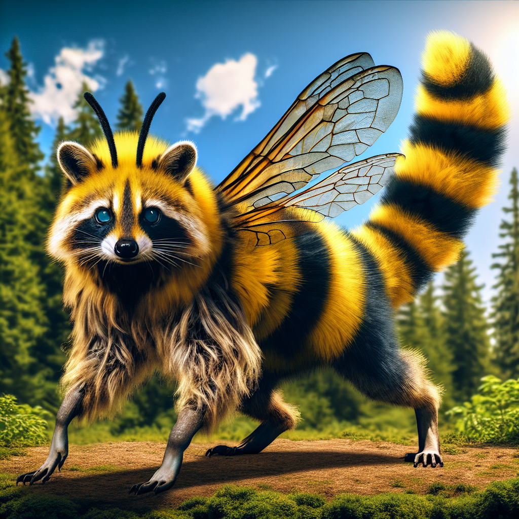 Bumblaccoon, an AI-generated hybrid of Bumblebee and Raccoon