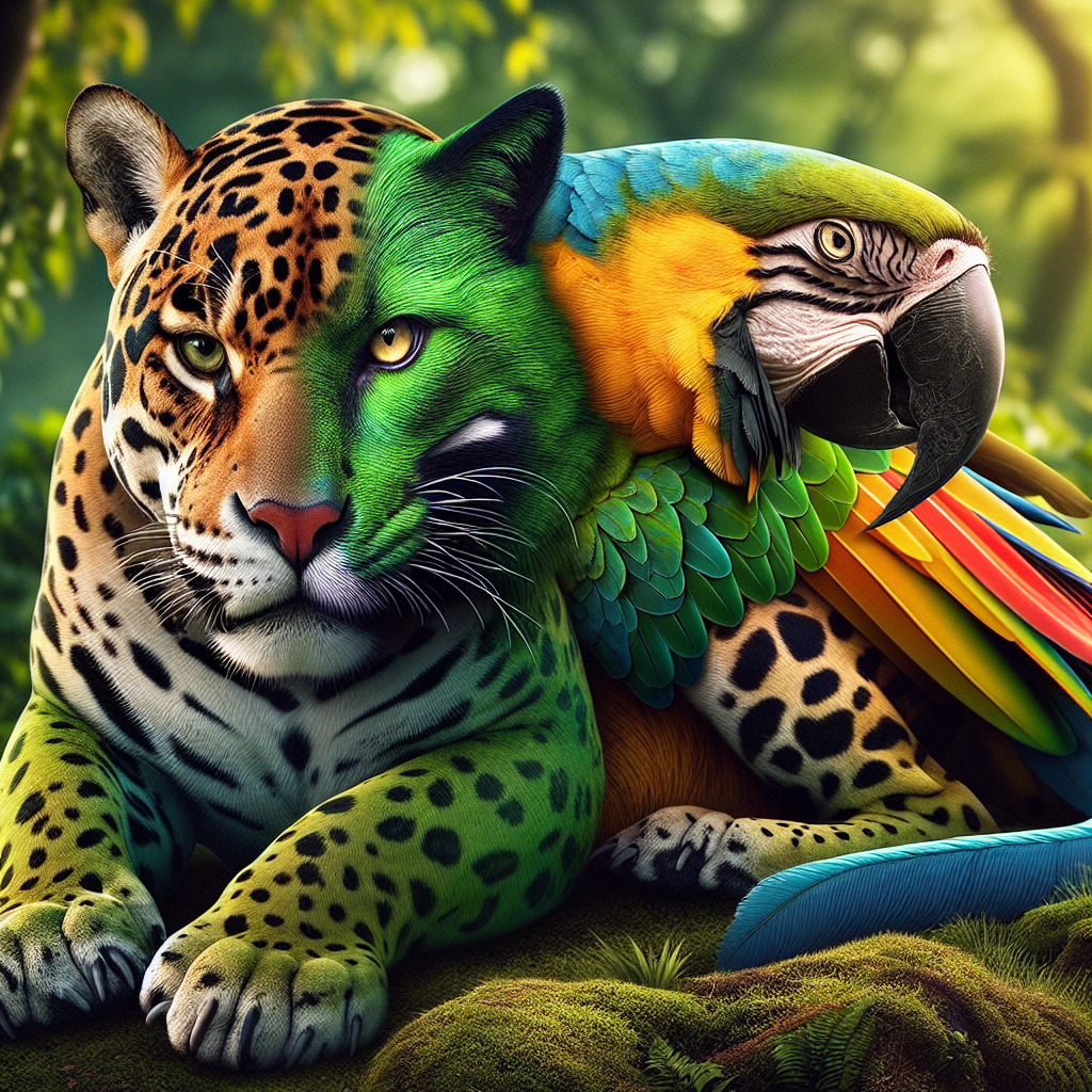 Jaguarrot, an AI-generated hybrid of Jaguar and Parrot