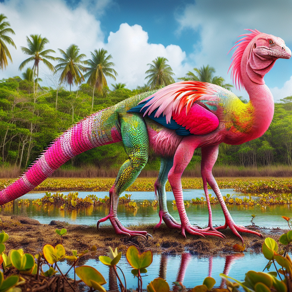 Flamiguana, an AI-generated hybrid of Flamingo and Iguana