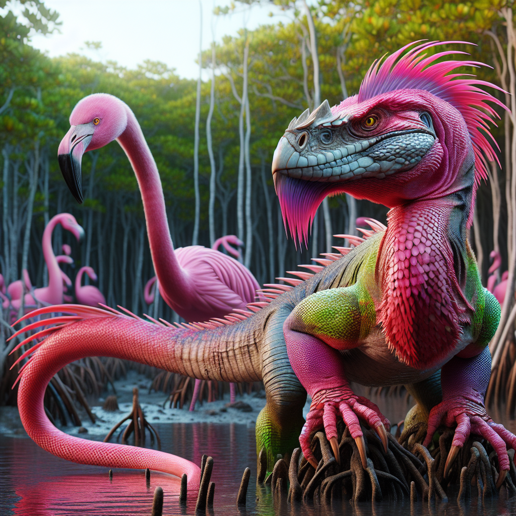 Flamangua, an AI-generated hybrid of Flamingo and Iguana