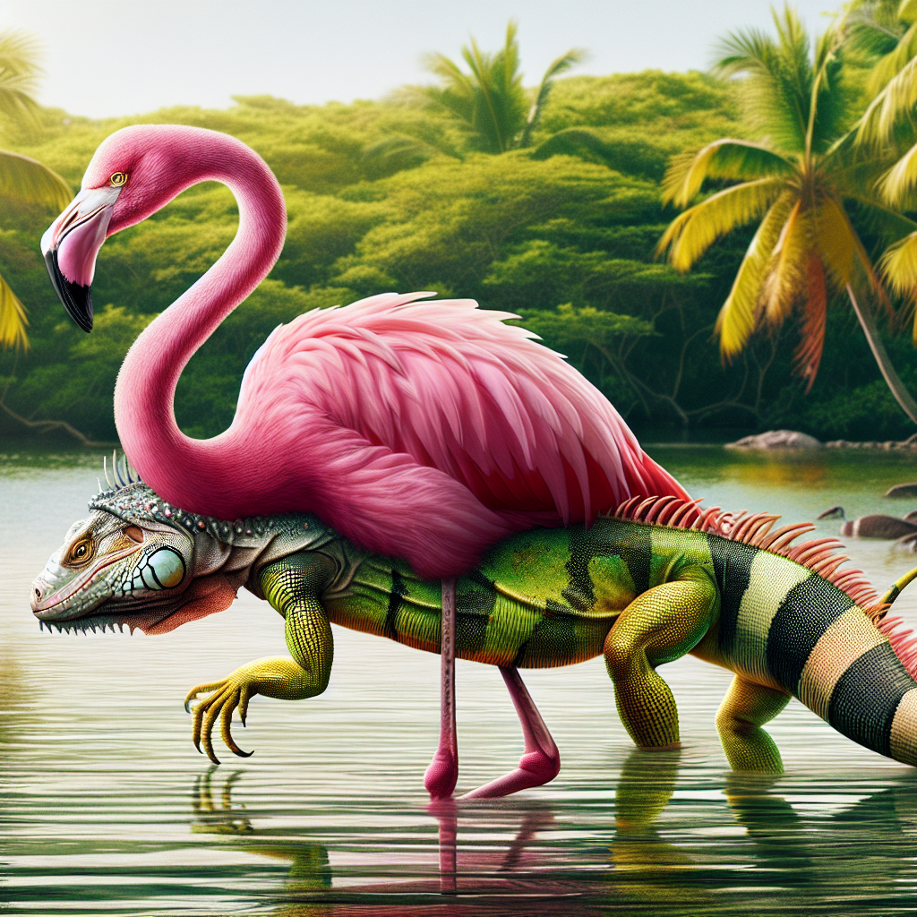 Flamangua, an AI-generated hybrid of Flamingo and Iguana