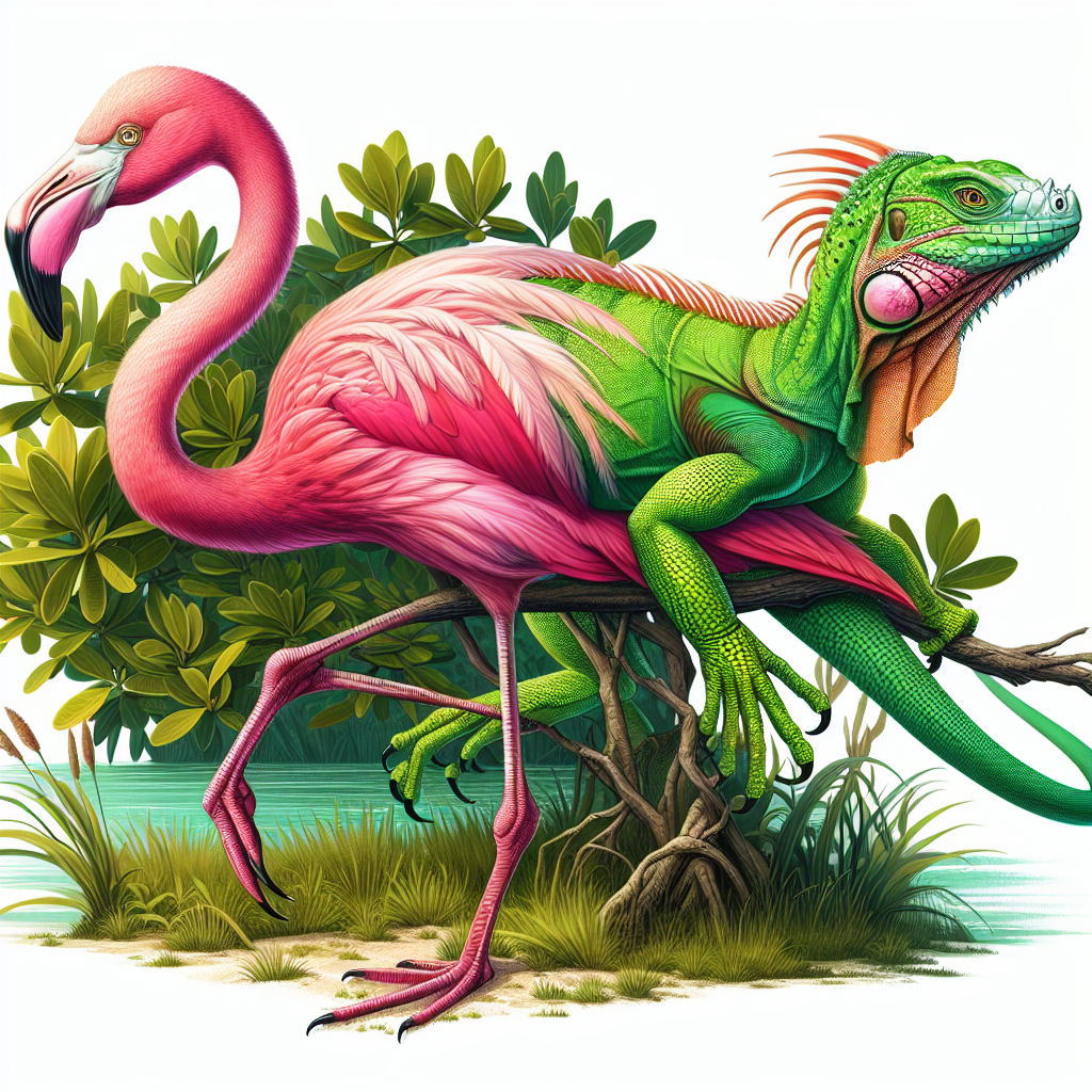 Flamiguan, an AI-generated hybrid of Flamingo and Iguana