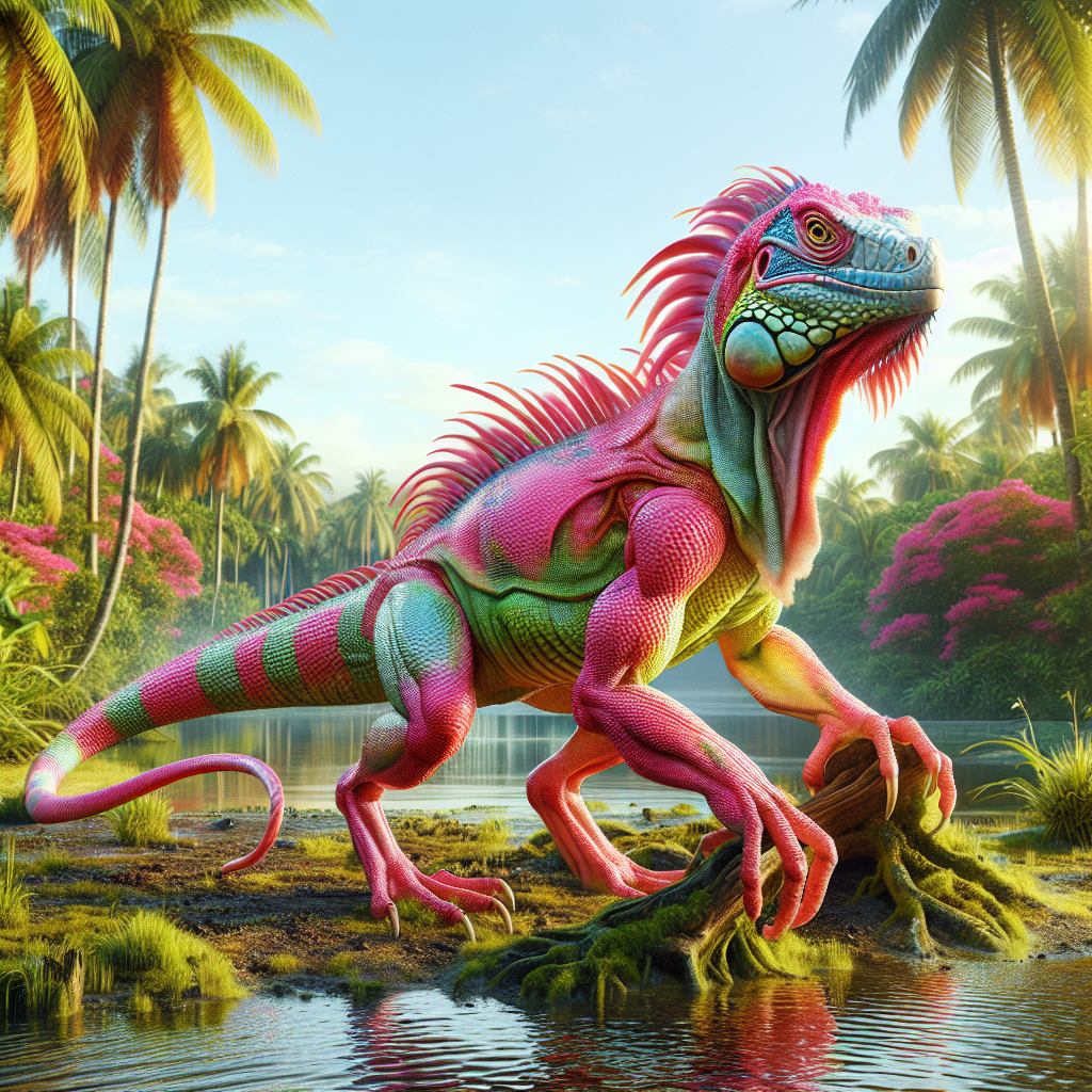 Flamiguana, an AI-generated hybrid of Flamingo and Iguana