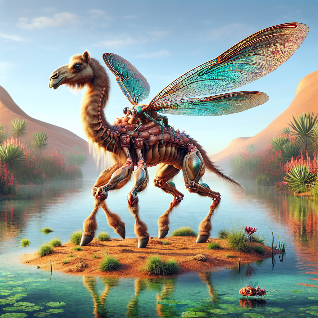 Camelfly, an AI-generated hybrid of Camel and Dragonfly