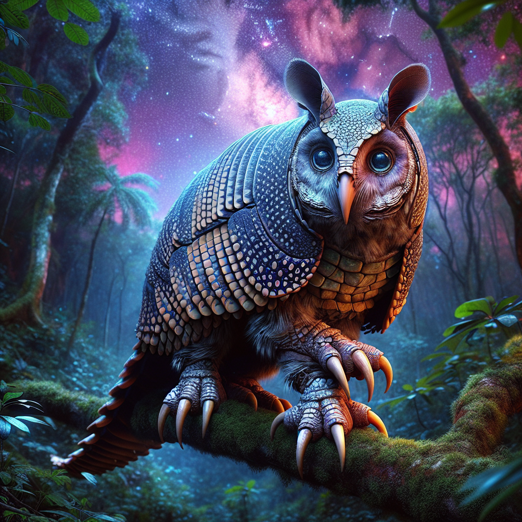 Armadowl, an AI-generated hybrid of Armadillo and Owl