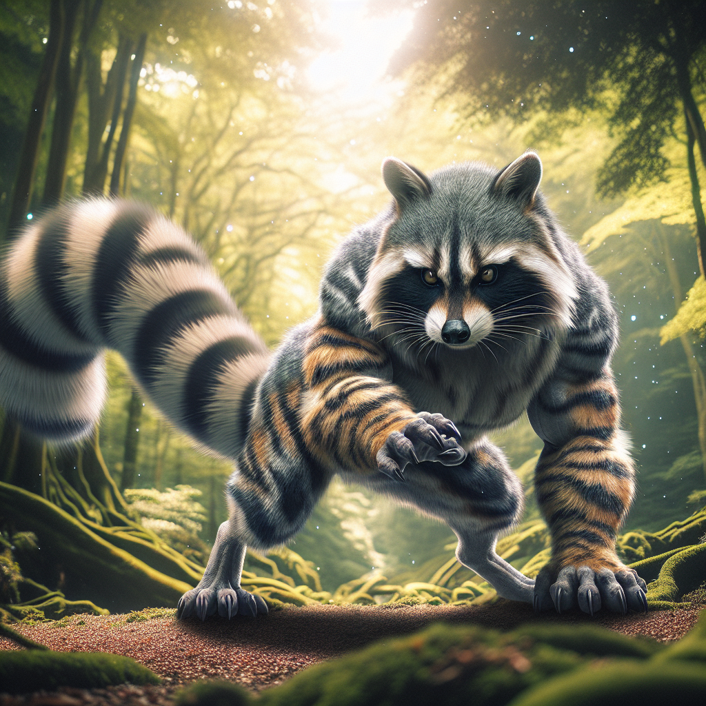 Raccatiger, an AI-generated hybrid of Raccoon and Tiger