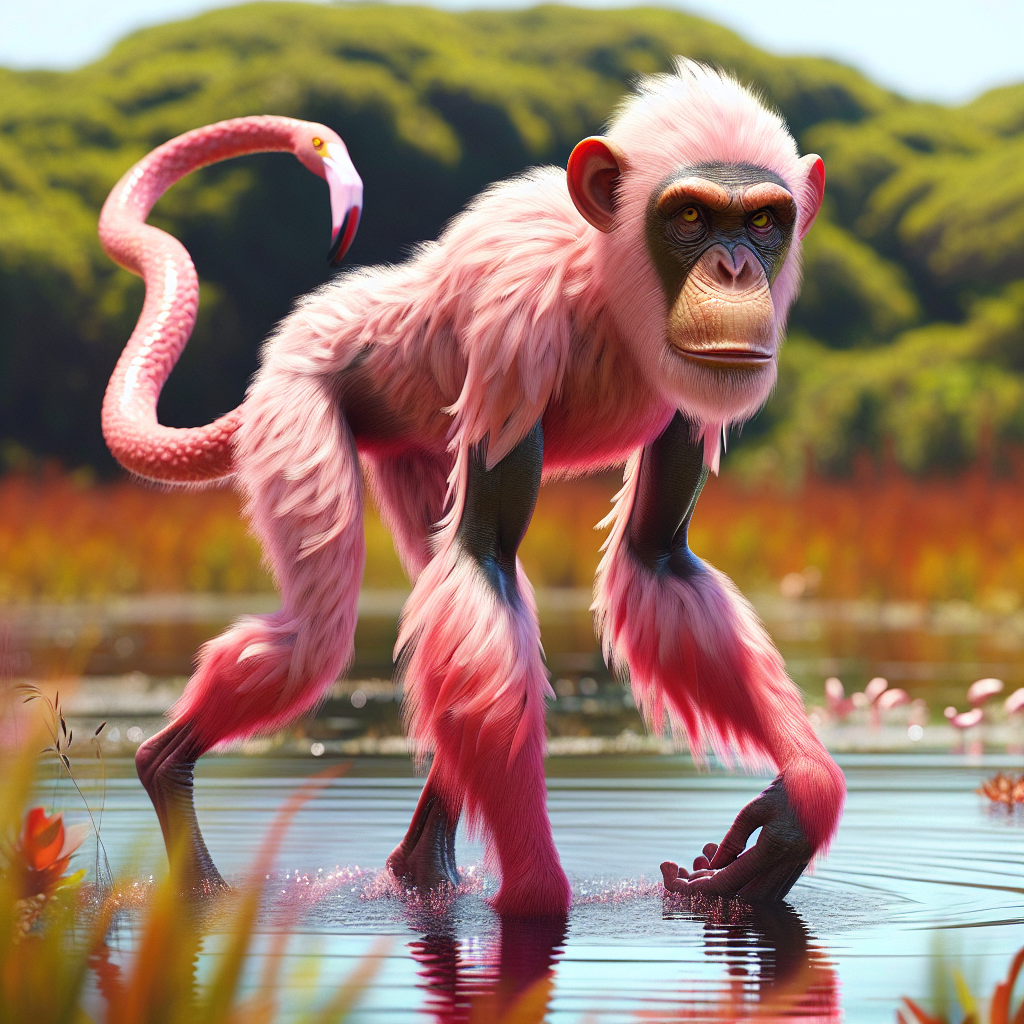 Chimflamo, an AI-generated hybrid of Chimpanzee and Flamingo