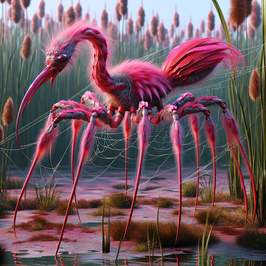 Flamspider, an AI-generated hybrid of Flamingo and Spider