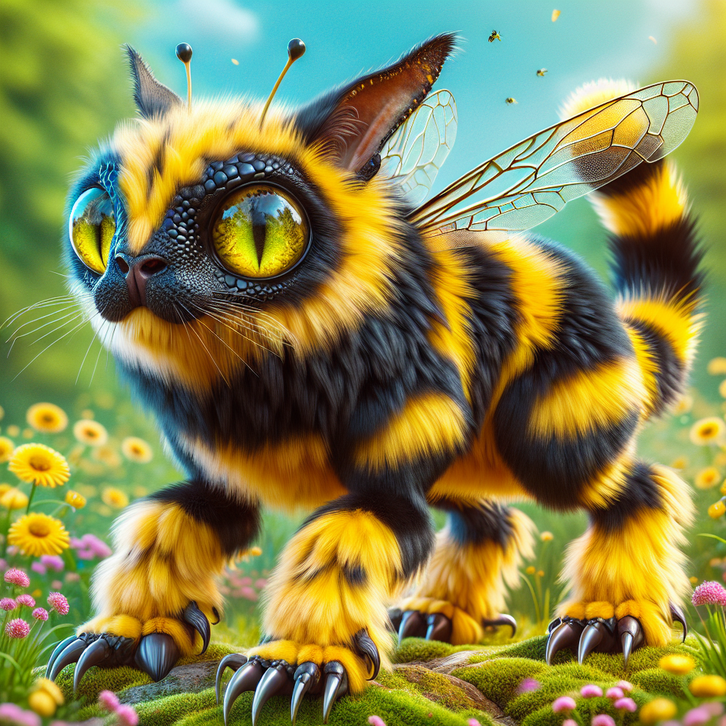 Bumblecat, an AI-generated hybrid of Bumblebee and Cat