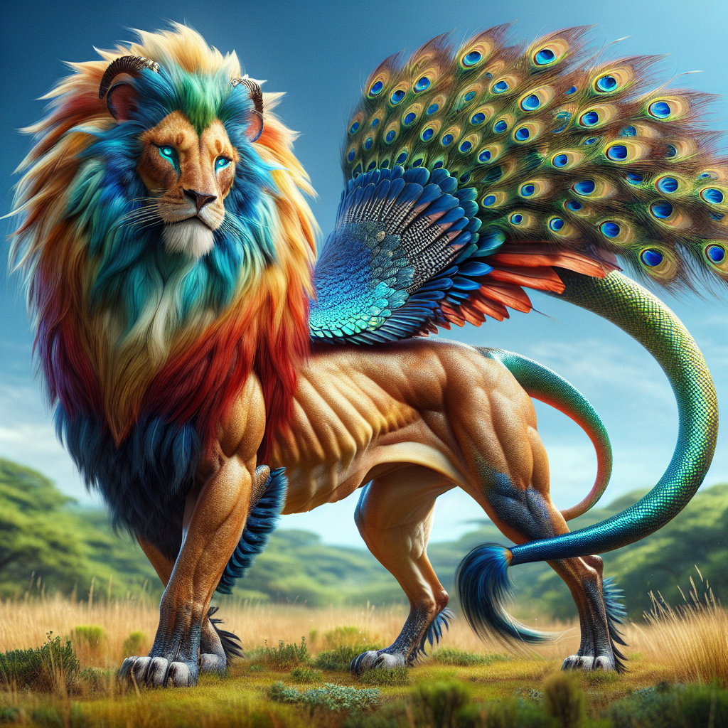 Peacow, an AI-generated hybrid of Lion and Peacock