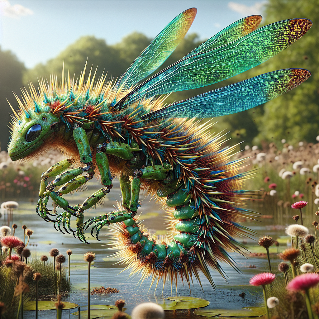 Hedgofly, an AI-generated hybrid of Dragonfly and Hedgehog