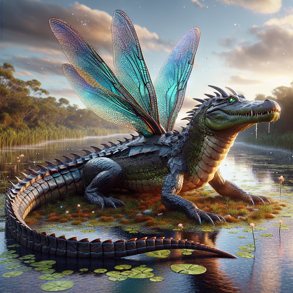 Dralligator, an AI-generated hybrid of Alligator and Dragonfly