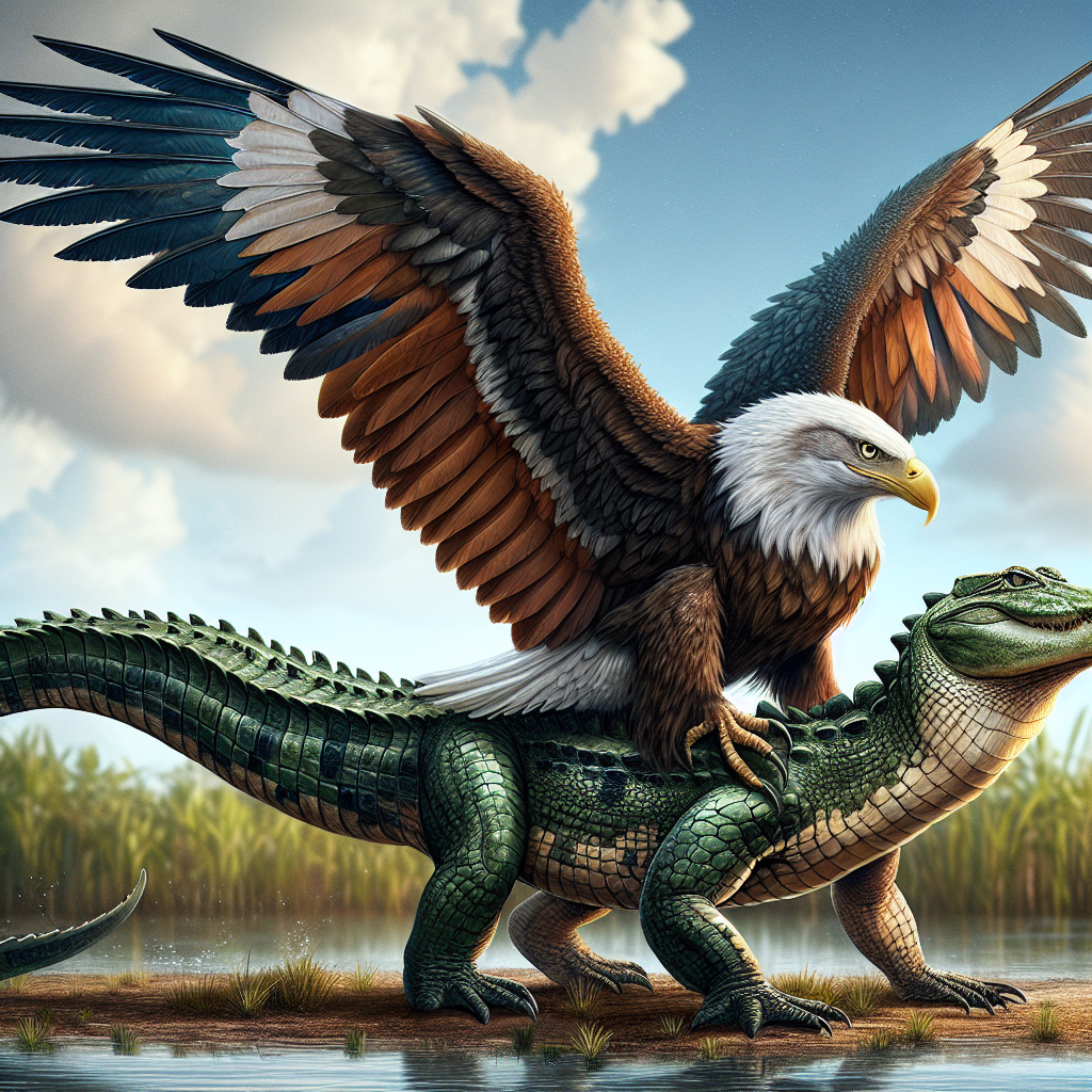 Allegator, an AI-generated hybrid of Alligator and Bald Eagle