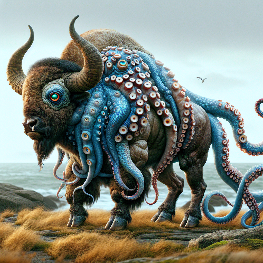 Bisonoctopus, an AI-generated hybrid of blue ring octopus and Bison