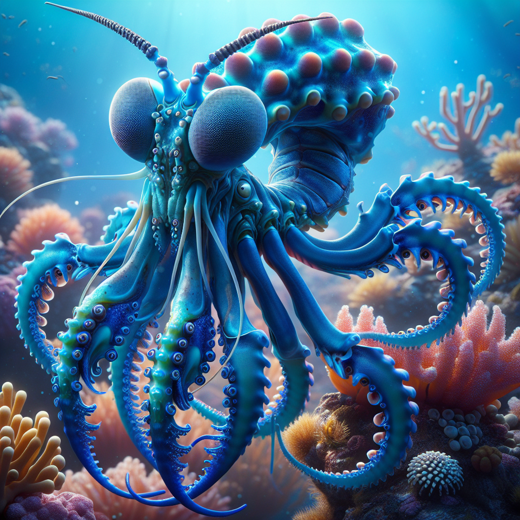 Octomantis, an AI-generated hybrid of blue ring octopus and Mantis