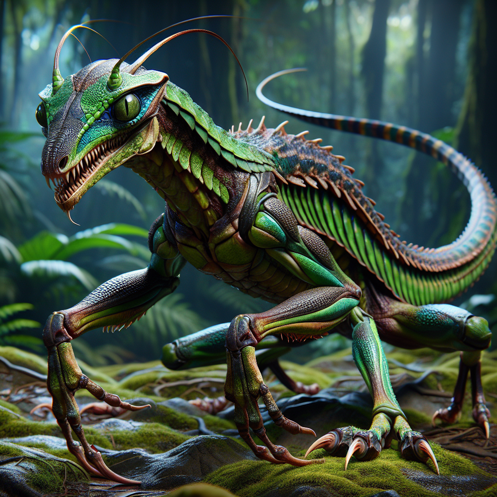 Mantisodragon, an AI-generated hybrid of Mantis and Komodo Dragon