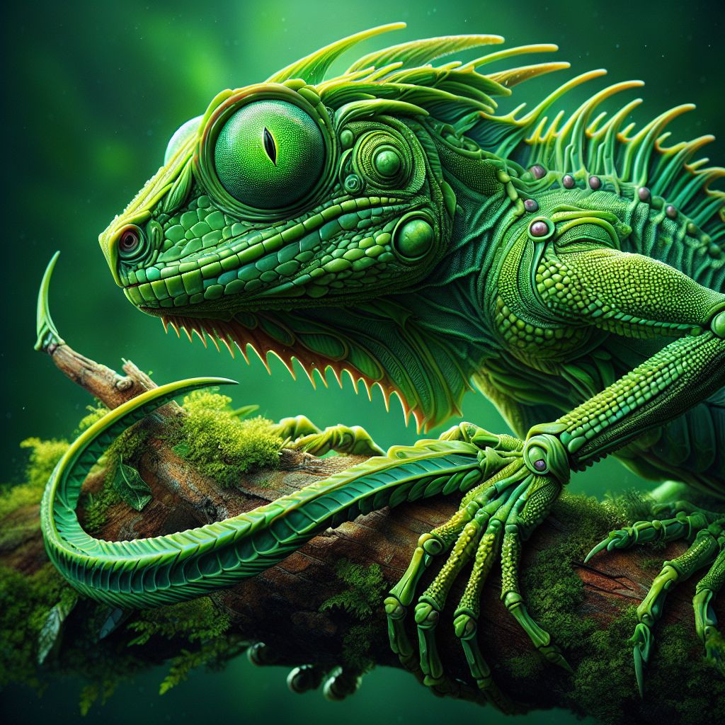 Iguantus, an AI-generated hybrid of Iguana and Mantis