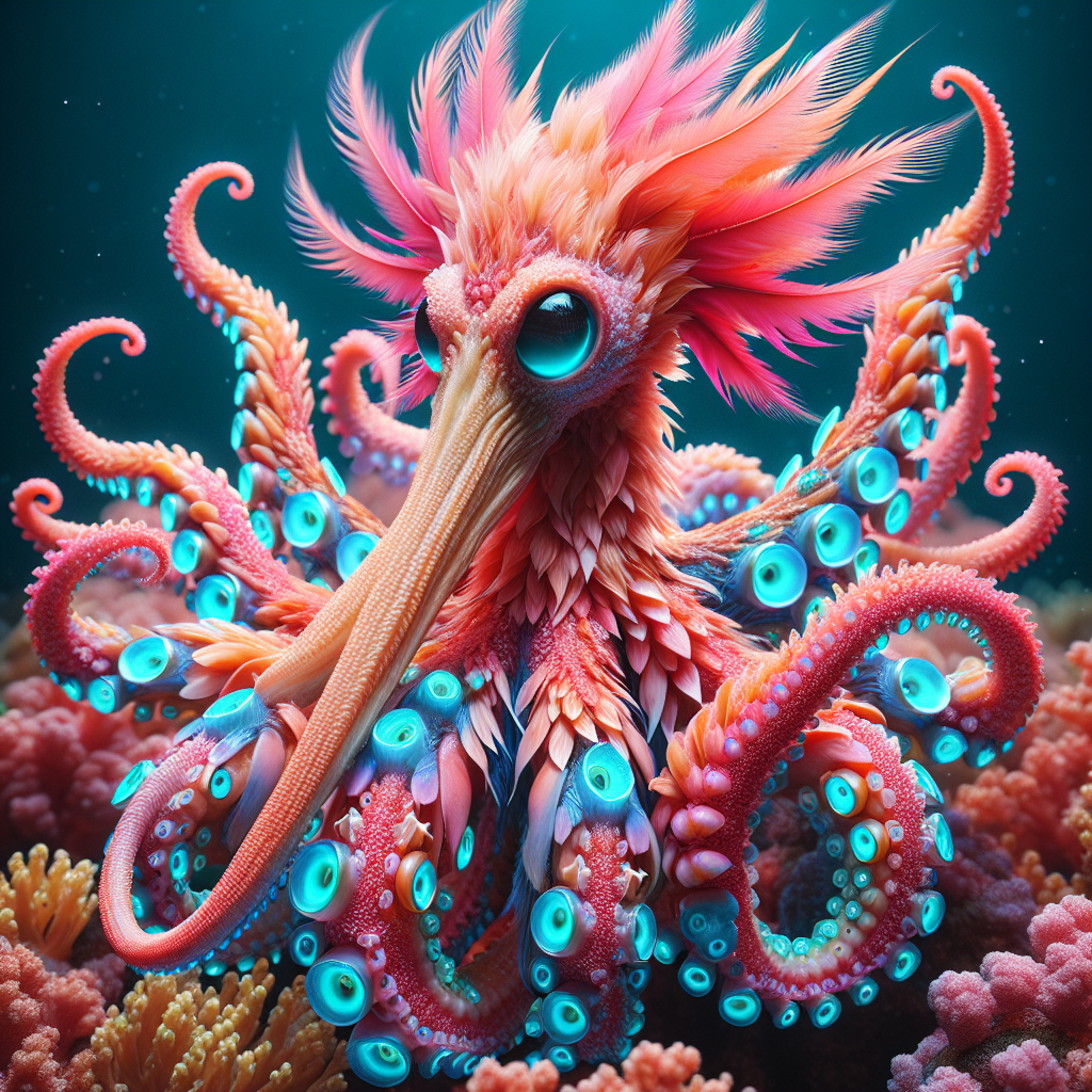 Flamingoctopus, an AI-generated hybrid of blue ring octopus and Flamingo