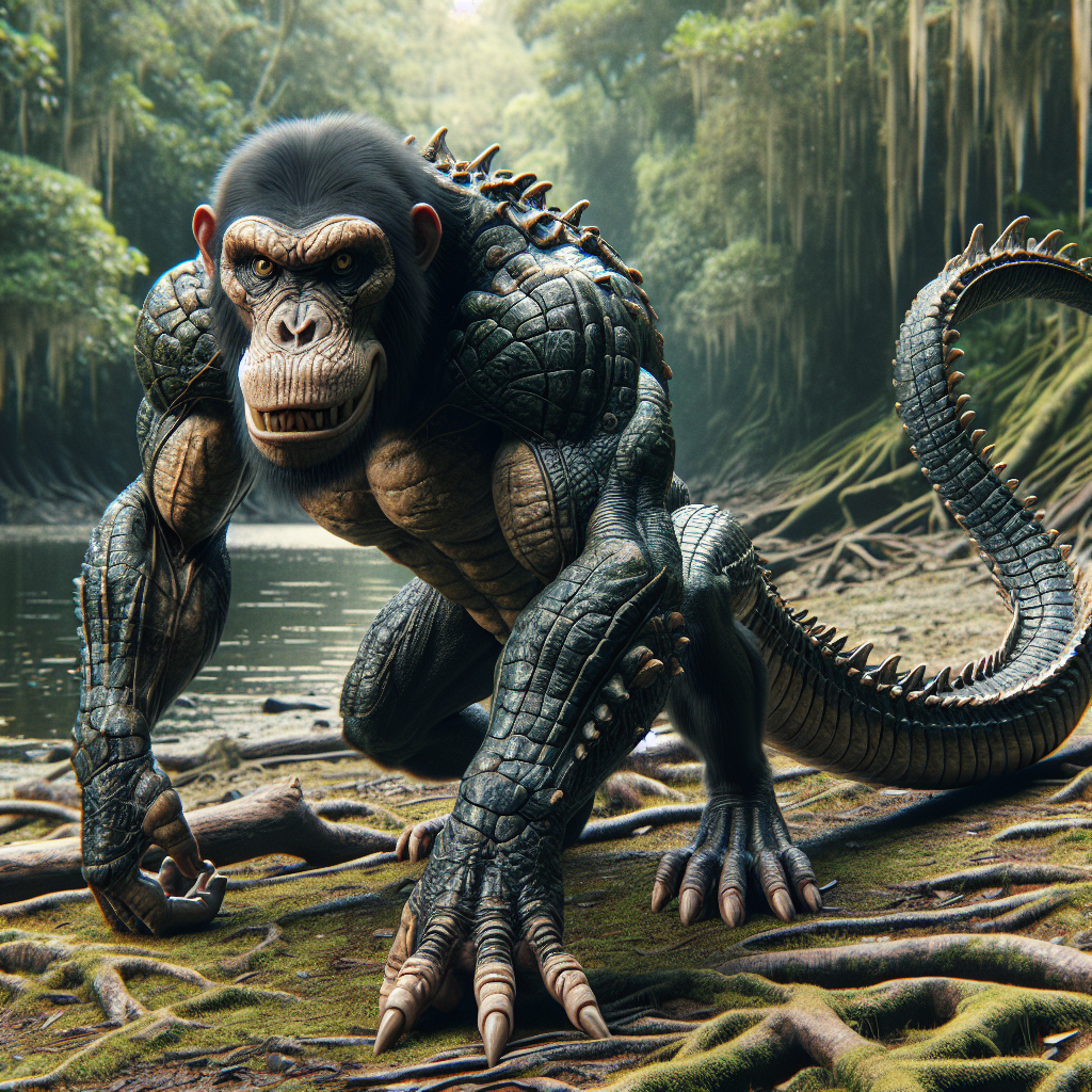 Chimgator, an AI-generated hybrid of Alligator and Chimpanzee