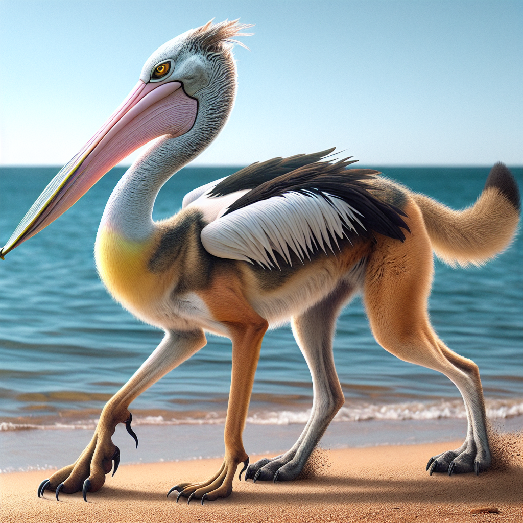 Pelidingo, an AI-generated hybrid of Pelican and Dingo