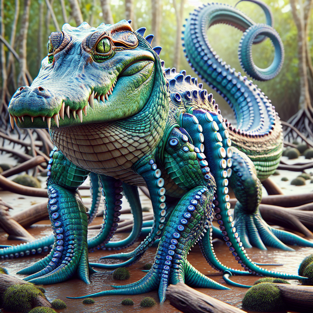 Allioctopus, an AI-generated hybrid of Alligator and blue ring octopus