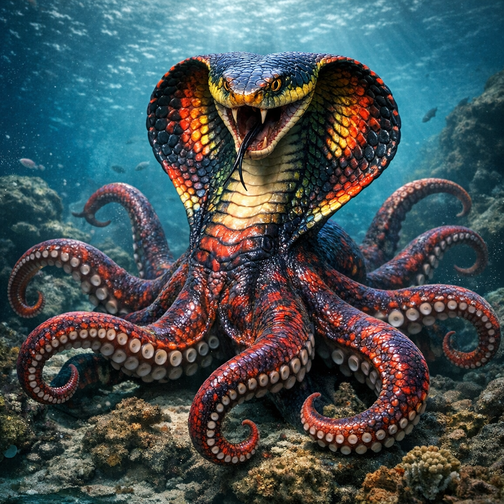 Octobra, an AI-generated hybrid of Octopus and Cobra