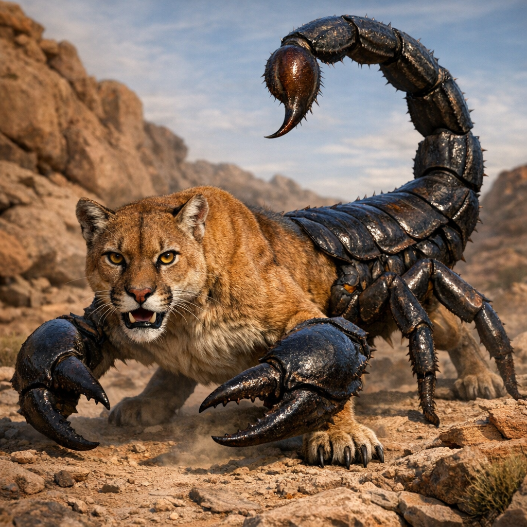 Cougorpion, an AI-generated hybrid of Cougar and Scorpion