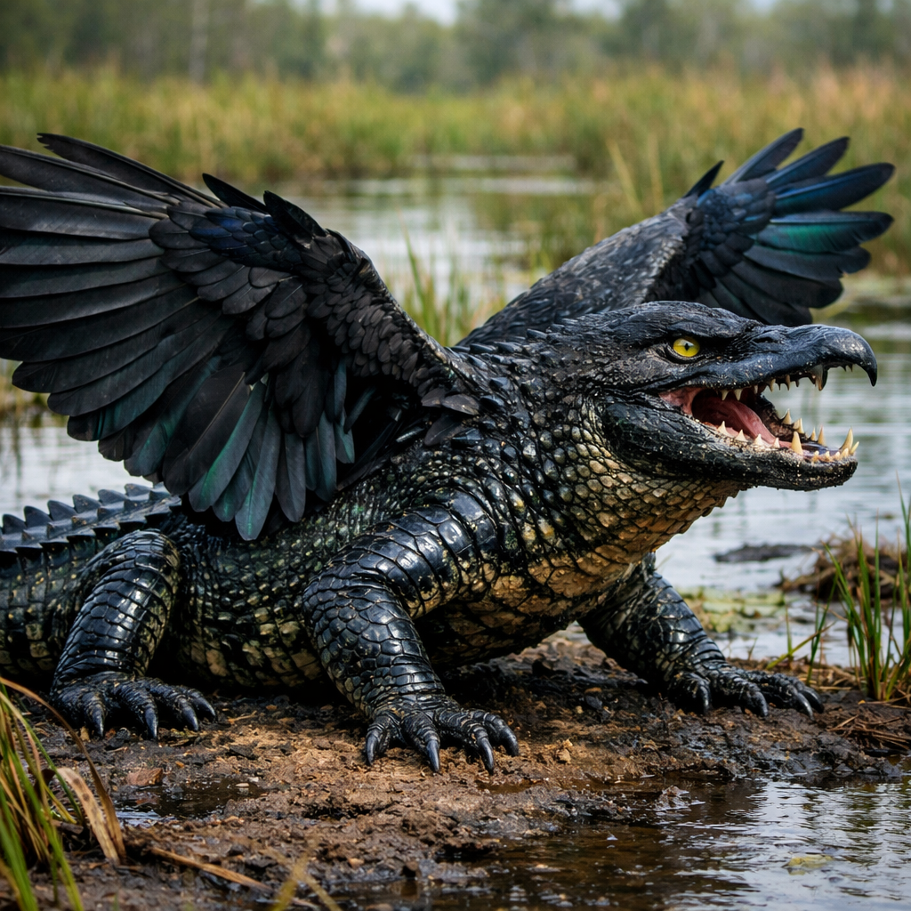 Crogator, an AI-generated hybrid of Alligator and Crow