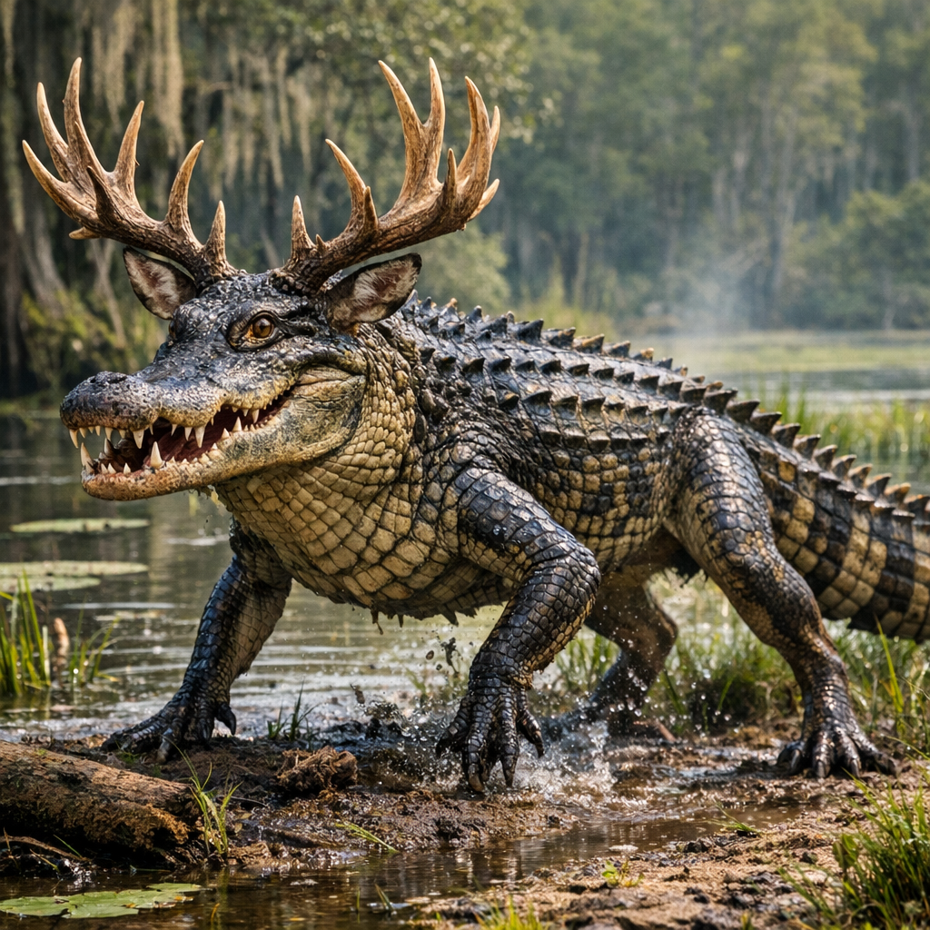 Allideer, an AI-generated hybrid of Alligator and Deer
