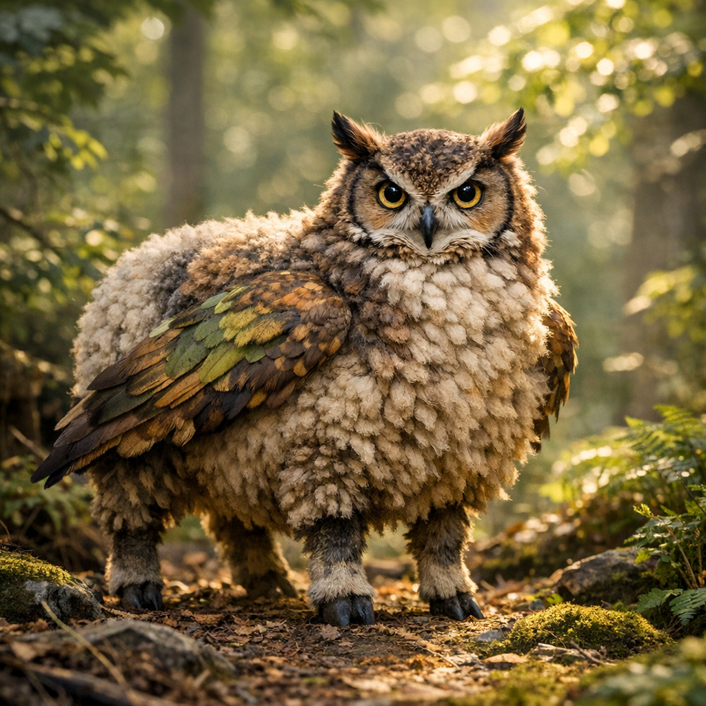 Owlheep, an AI-generated hybrid of Owl and Sheep