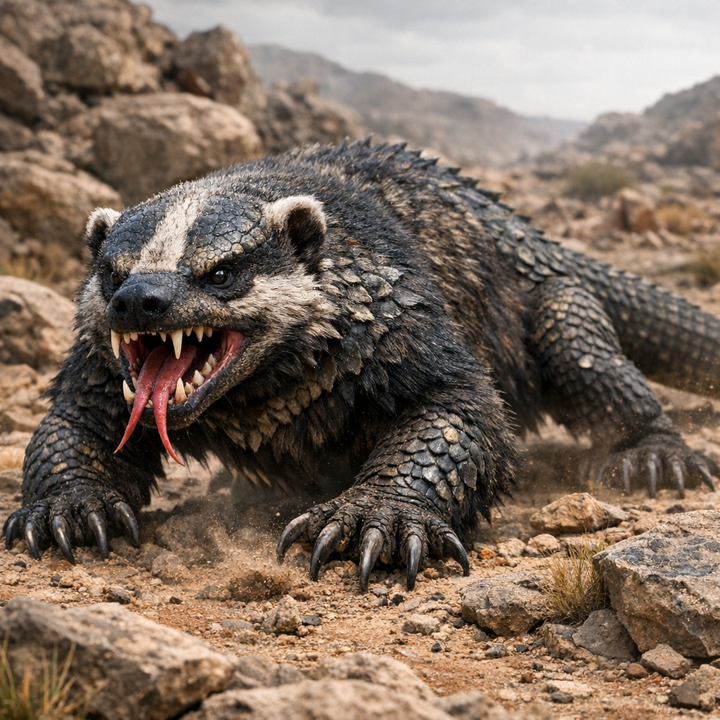 Badragon, an AI-generated hybrid of Badger and Komodo Dragon