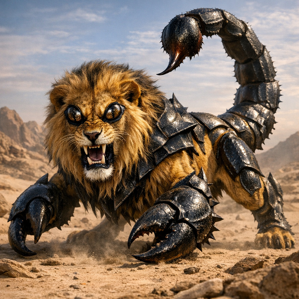 Scorlion, an AI-generated hybrid of Lion and Scorpion
