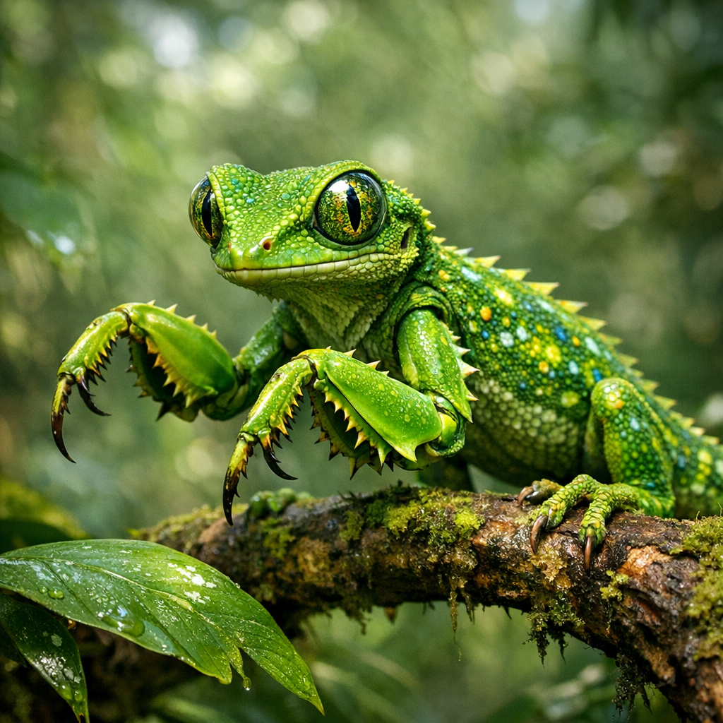 Mantis Gecko, an AI-generated hybrid of Gecko and Mantis