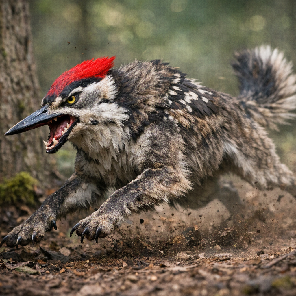 Wolfpecker, an AI-generated hybrid of Woodpecker and Wolf
